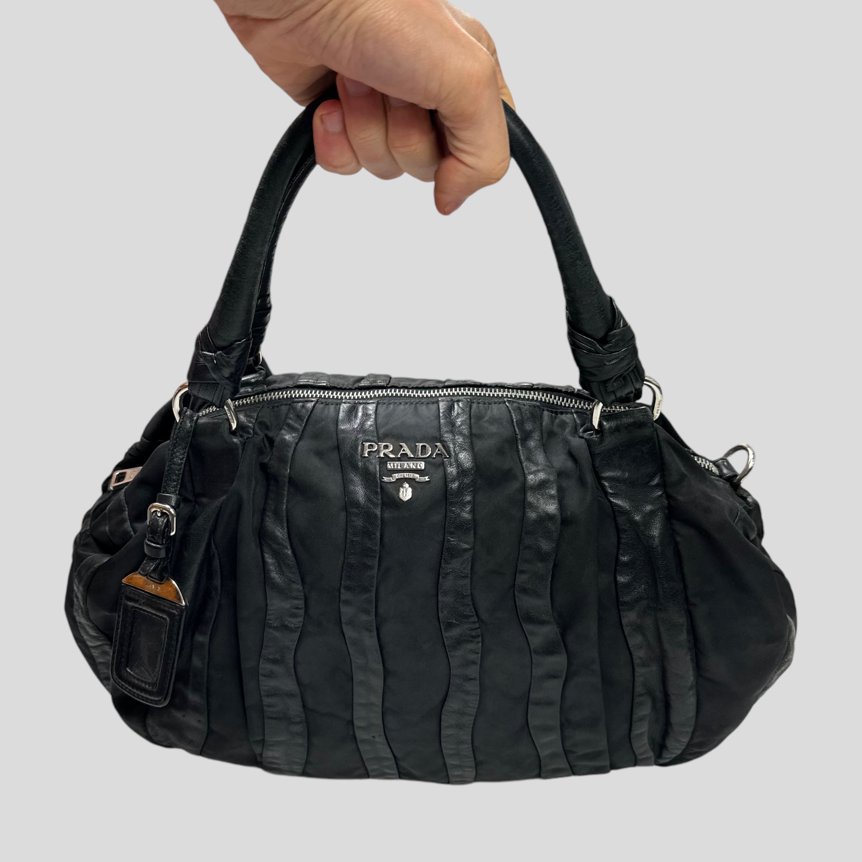 Prada nylon leather bag best sale