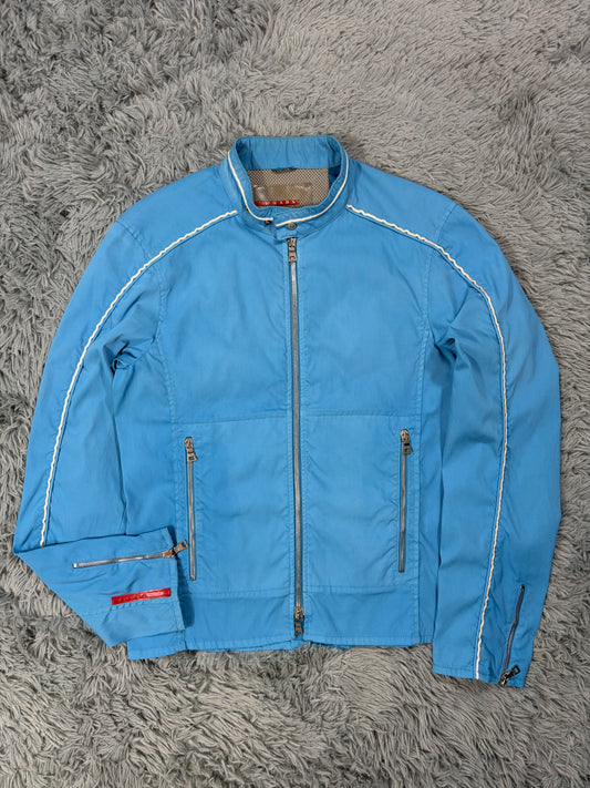 Prada Sport 2003 Aqua Blue Nylon Piped Biker Jacket - IT48