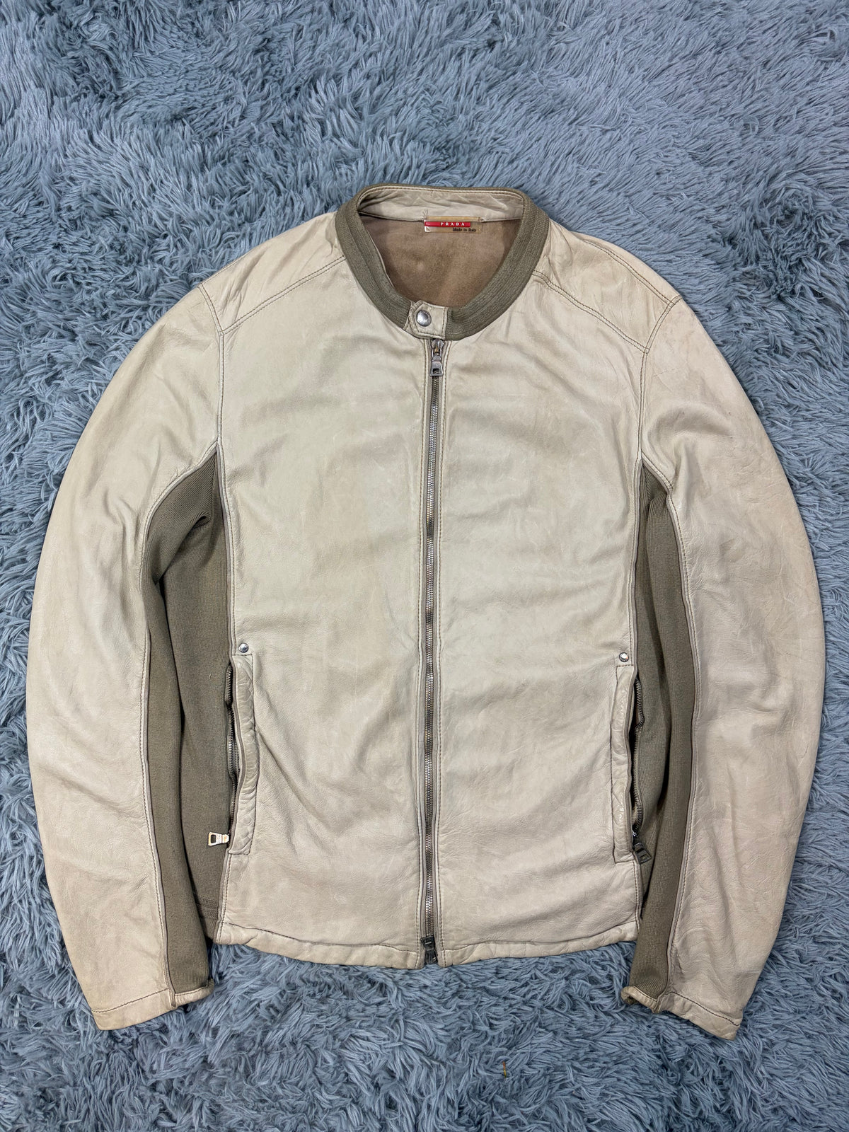 Prada Sport 2004 Cream Leather + Cotton Panelled Biker Jacket - M
