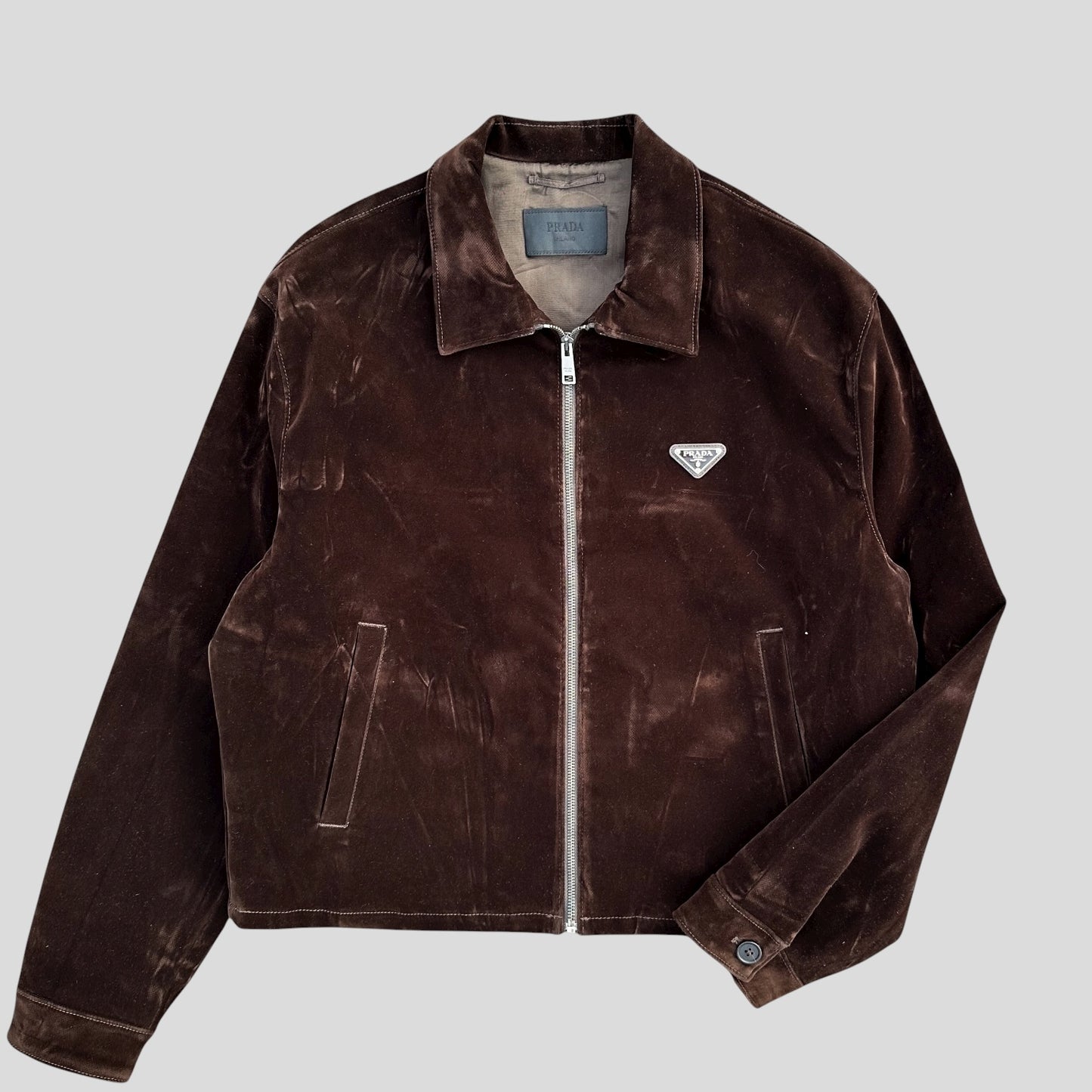 Prada 2024 Brown Velvet Velour Plaque Logo Boxy Jacket - M/L