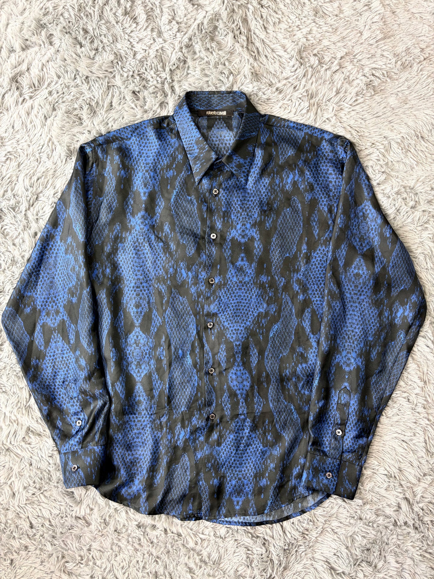 Roberto Cavalli 2023 Silk Python Print Blue Shirt - L