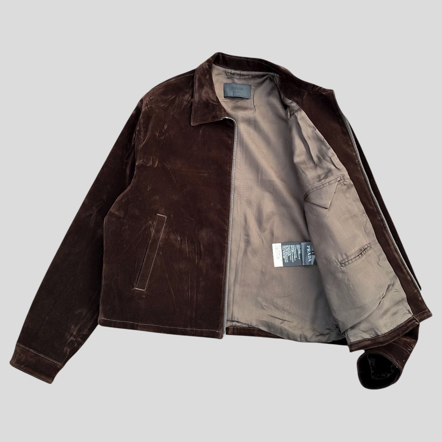 Prada 2024 Brown Velvet Velour Plaque Logo Boxy Jacket - M/L