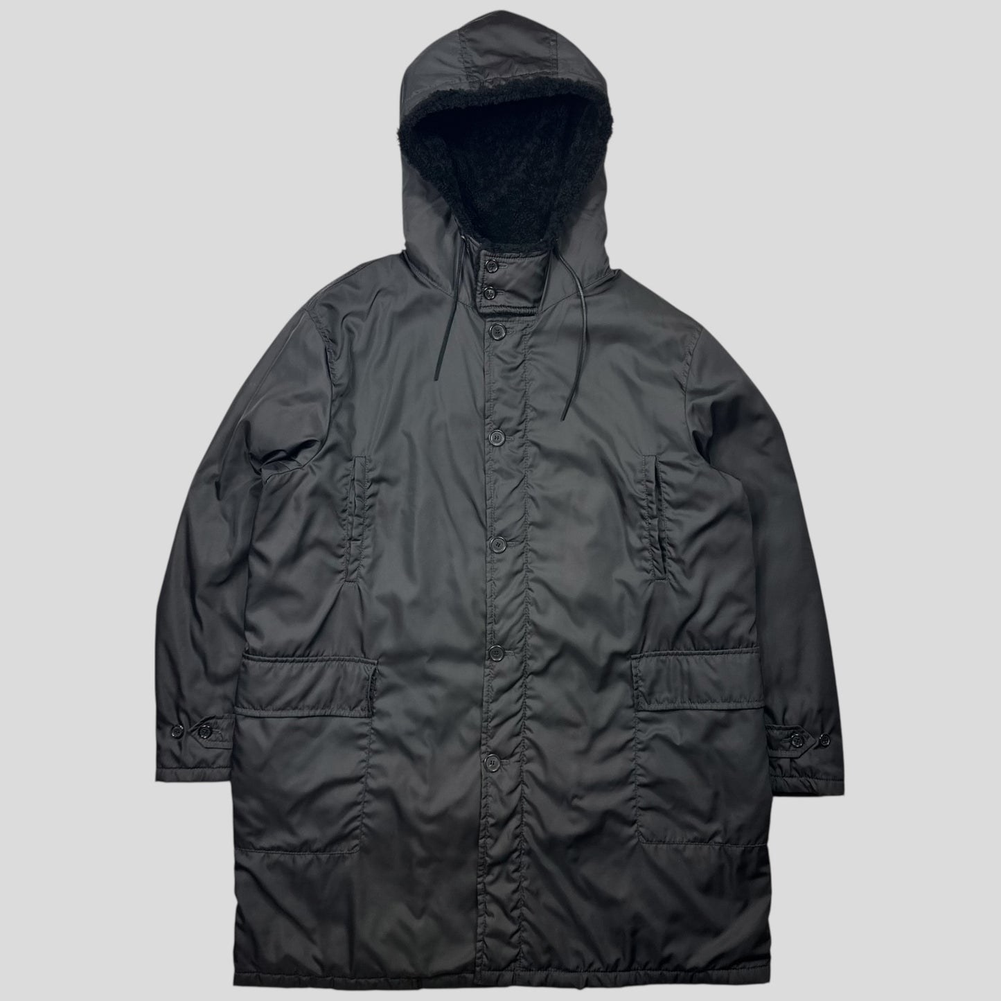 Prada Milano 00’s Sherpa Hood Padded Nylon Canvas Multipocket Coat - XXL