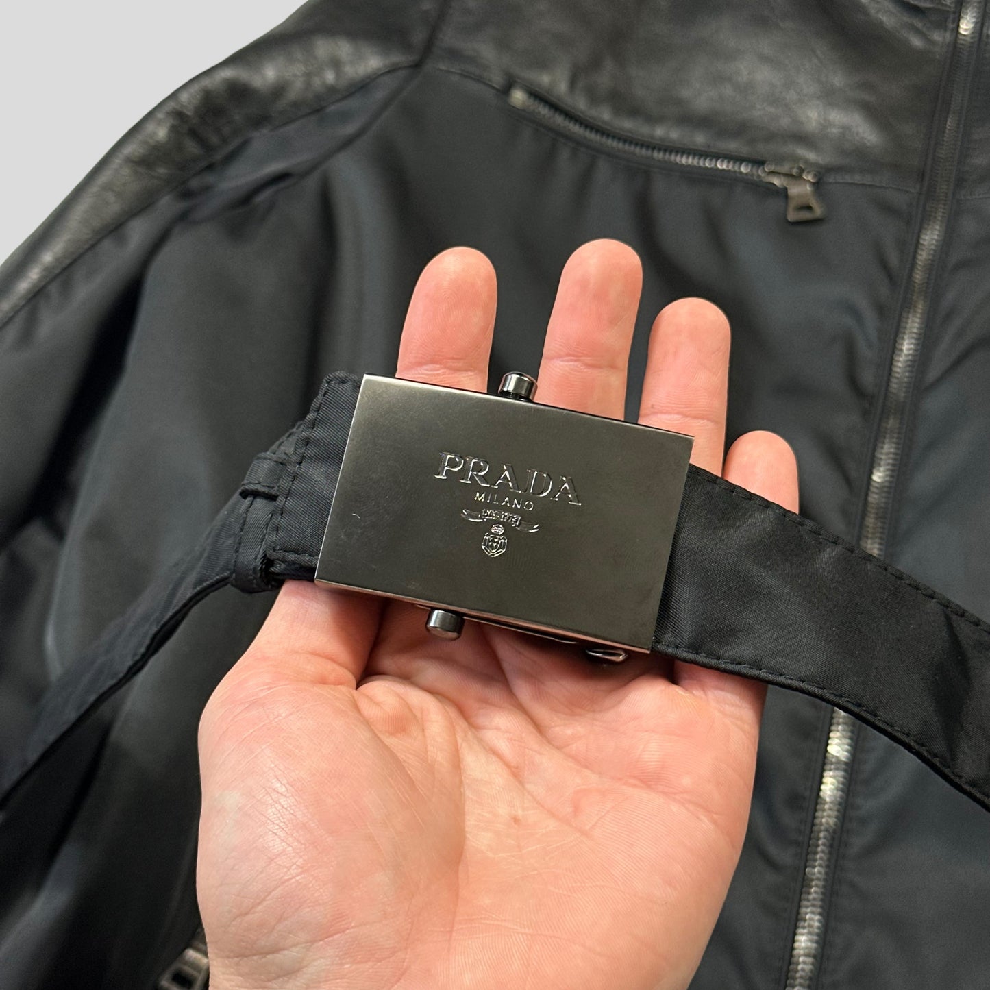 Prada Milano 2011 Gabardine Nylon Leather Jacket + Belt - M