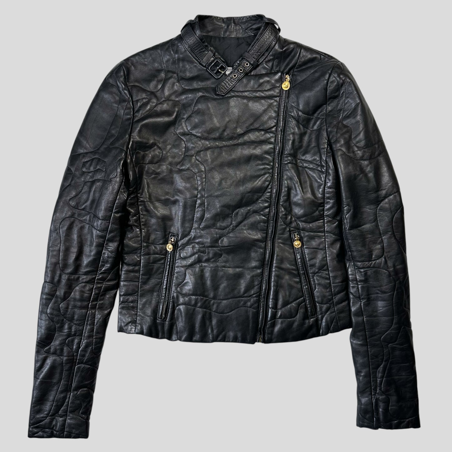 Gianni Versace 1997 Leather Puzzle Camo Biker Jacket - S