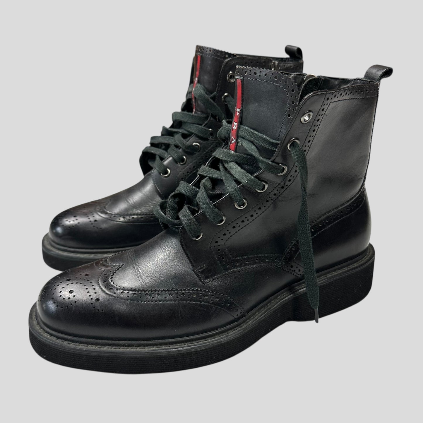 Prada Brogue Detailed Leather Combat Boots - UK7.5/8