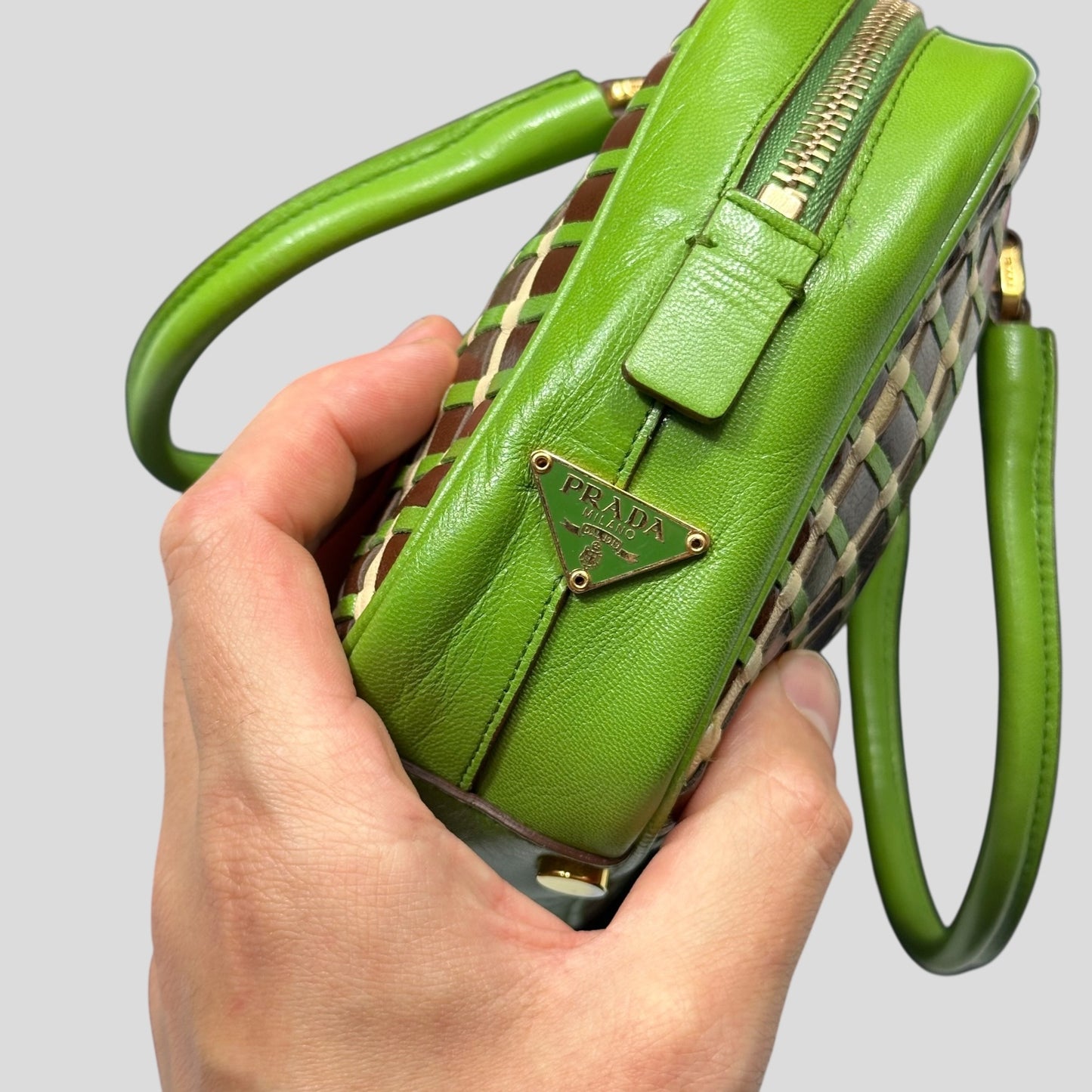 Prada 2001 Mini Top Handle Leather Woven Bag + Cards & Dustbag