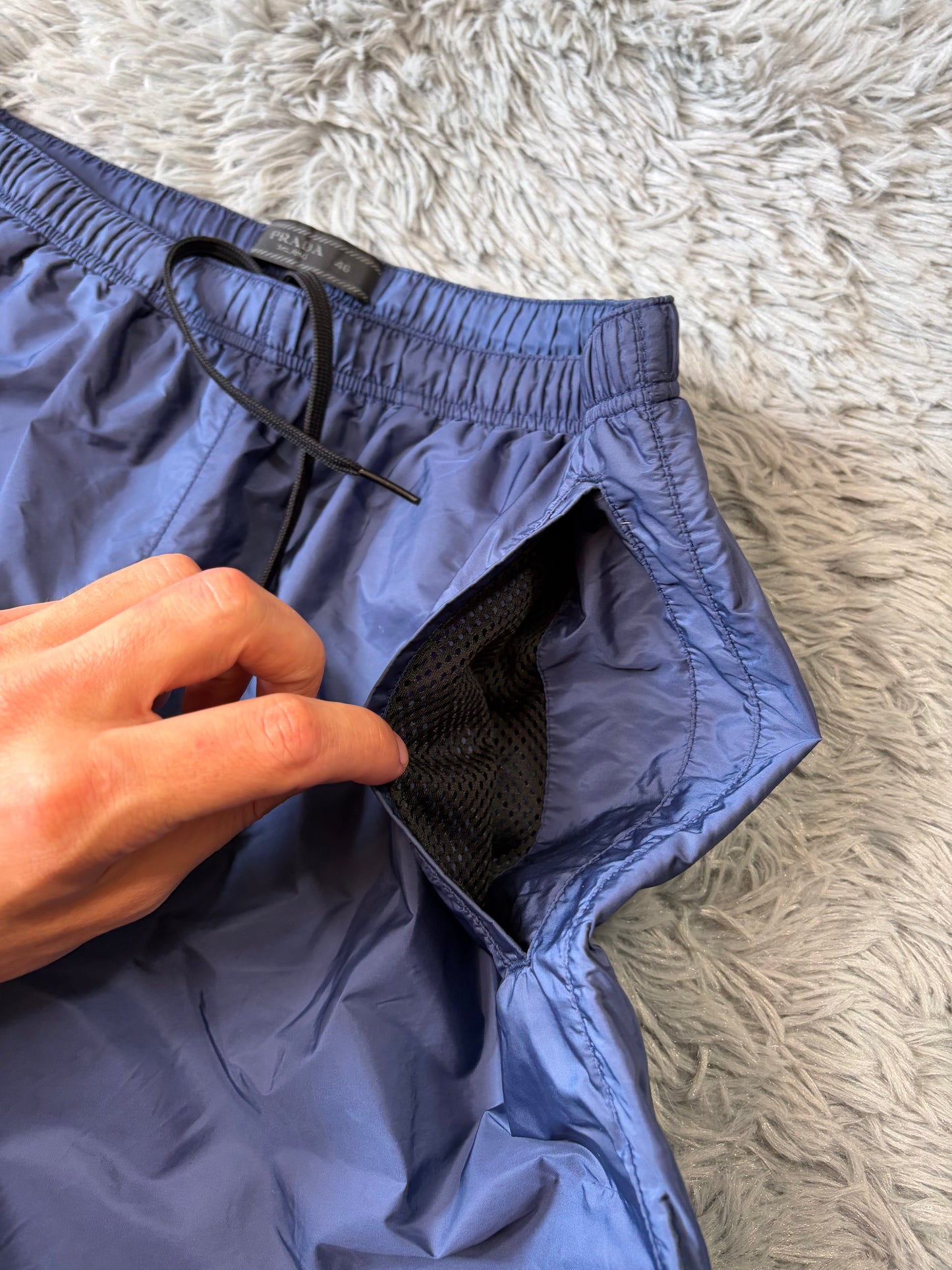 Prada Milano 2018 Triangle Double Logo Blue Nylon Shorts - IT46