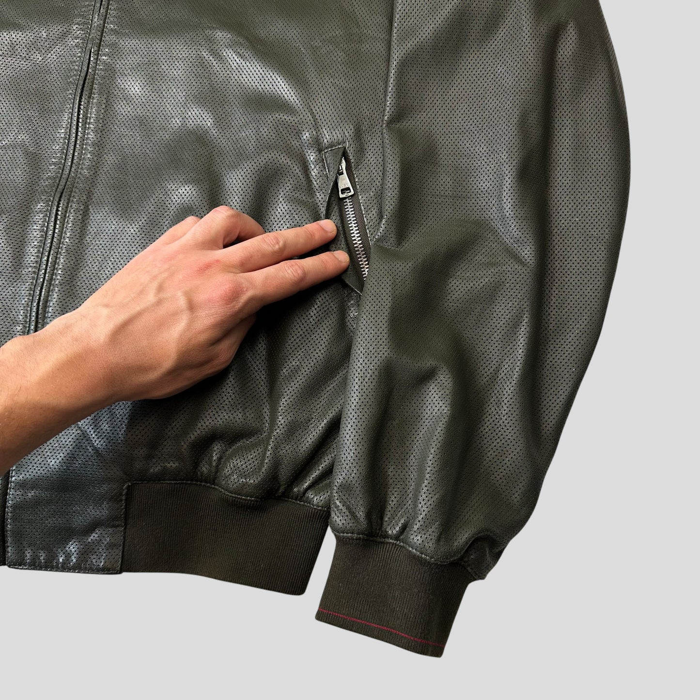 Gucci by Tom Ford 00’s Perforated Nappa Leather Green Bomber Jacket - IT52