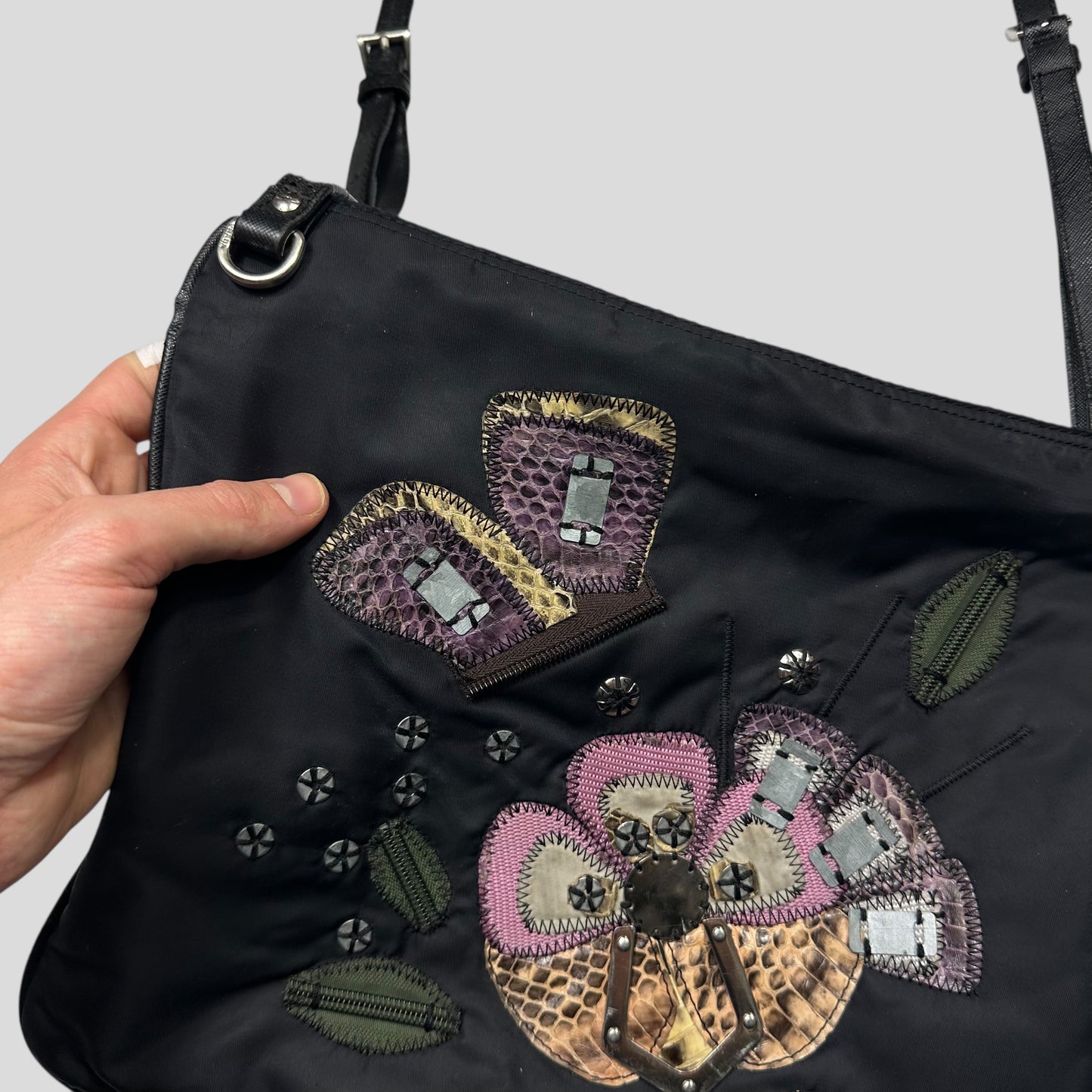 Prada Milano 00’s Python Leather Appliqué Reversible Nylon Crossbody Bag