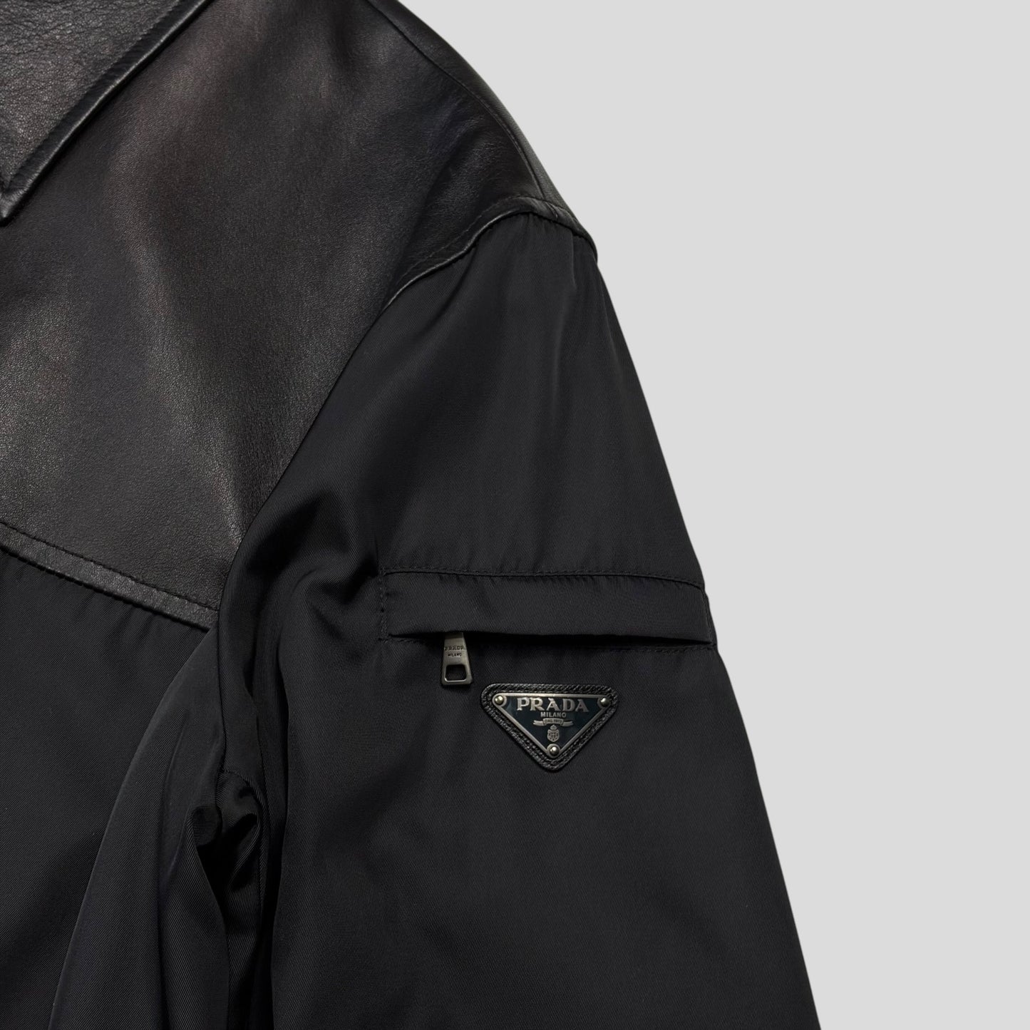 Prada 2013 Triangle Logo Gabardine Nylon & Leather Blouson Jacket - L/XL