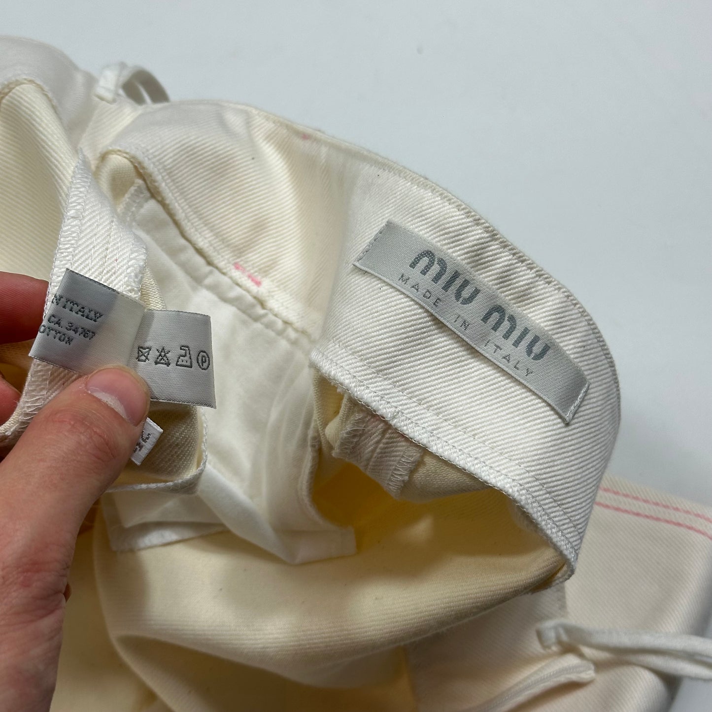 Miu Miu SS00 White and Pink Contrast Stitch Zip-off Bell Trousers - IT42