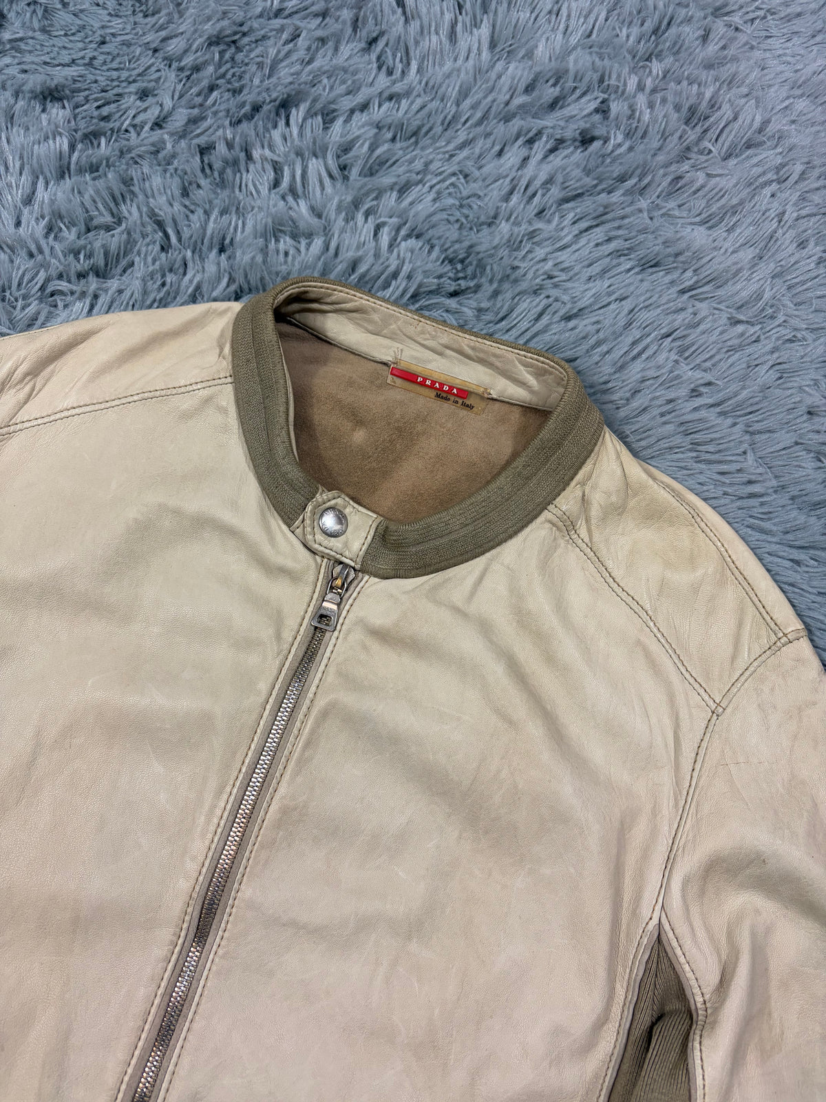 Prada Sport 2004 Cream Leather + Cotton Panelled Biker Jacket - M