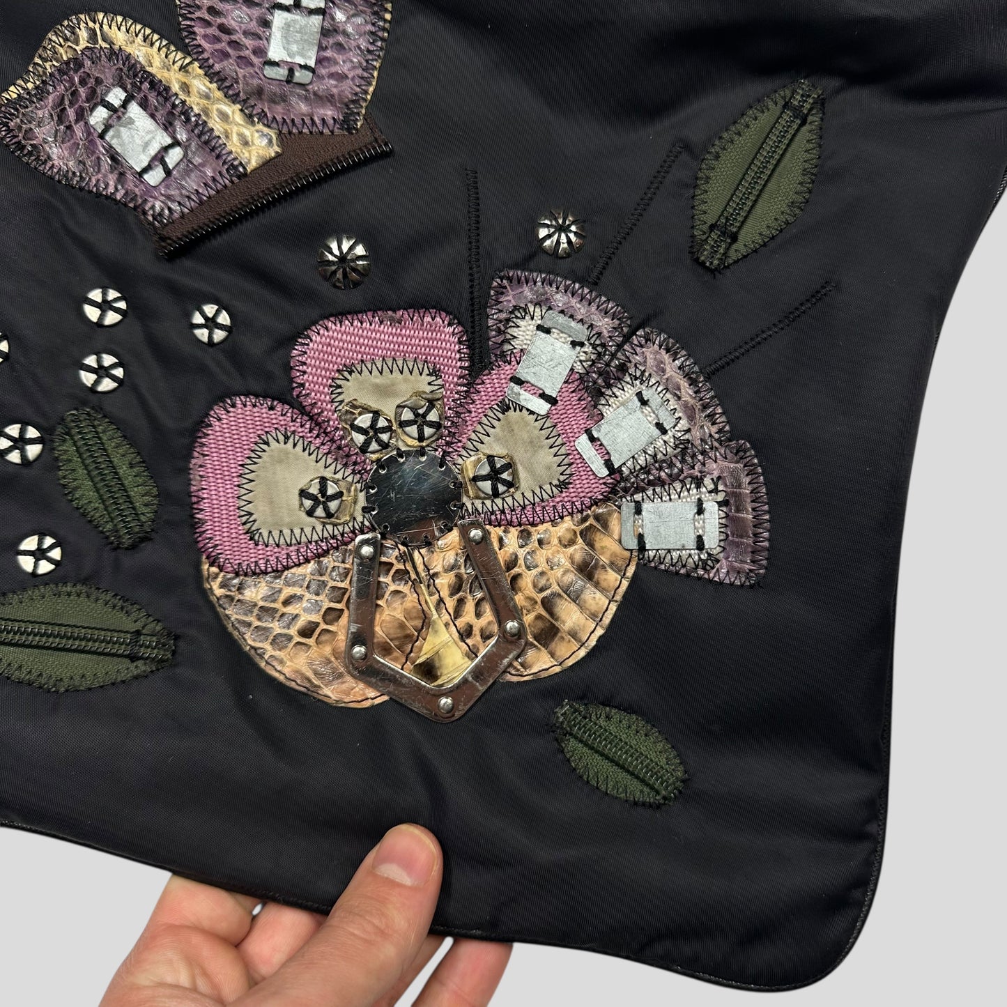 Prada Milano 00’s Python Leather Appliqué Reversible Nylon Crossbody Bag