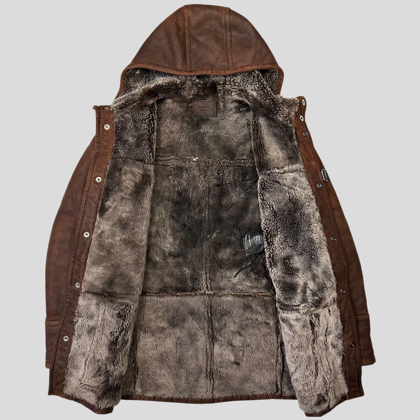 Prada Milano 2010 Sheepskin Fur & Leather Strap Hooded Coat - IT50