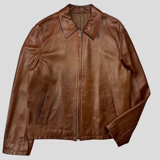 Prada Milano FW98 Whiskey Leather Nylon Lined Zip Work Jacket - IT50