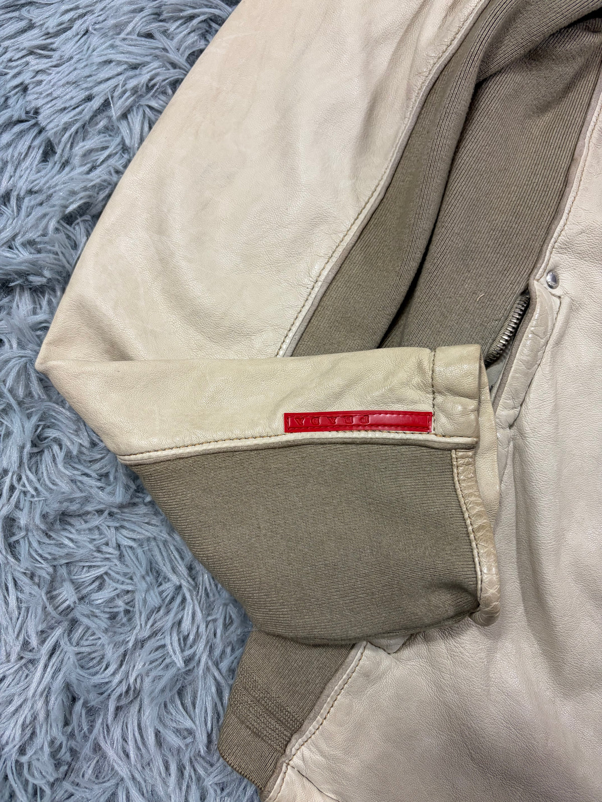 Prada Sport 2004 Cream Leather + Cotton Panelled Biker Jacket - M