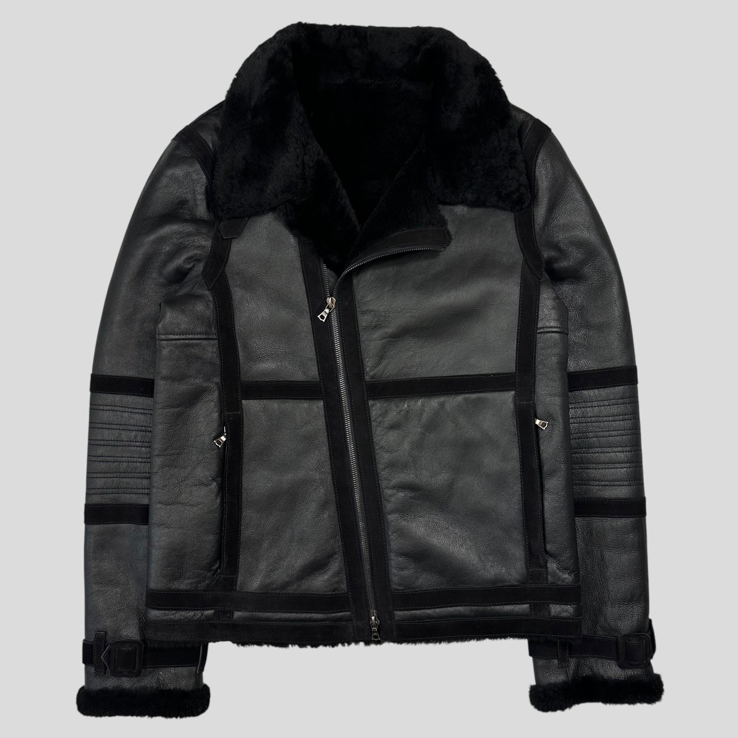 Neil Barrett Leather Lambskin Shearling Asymetrical Biker Jacket - S