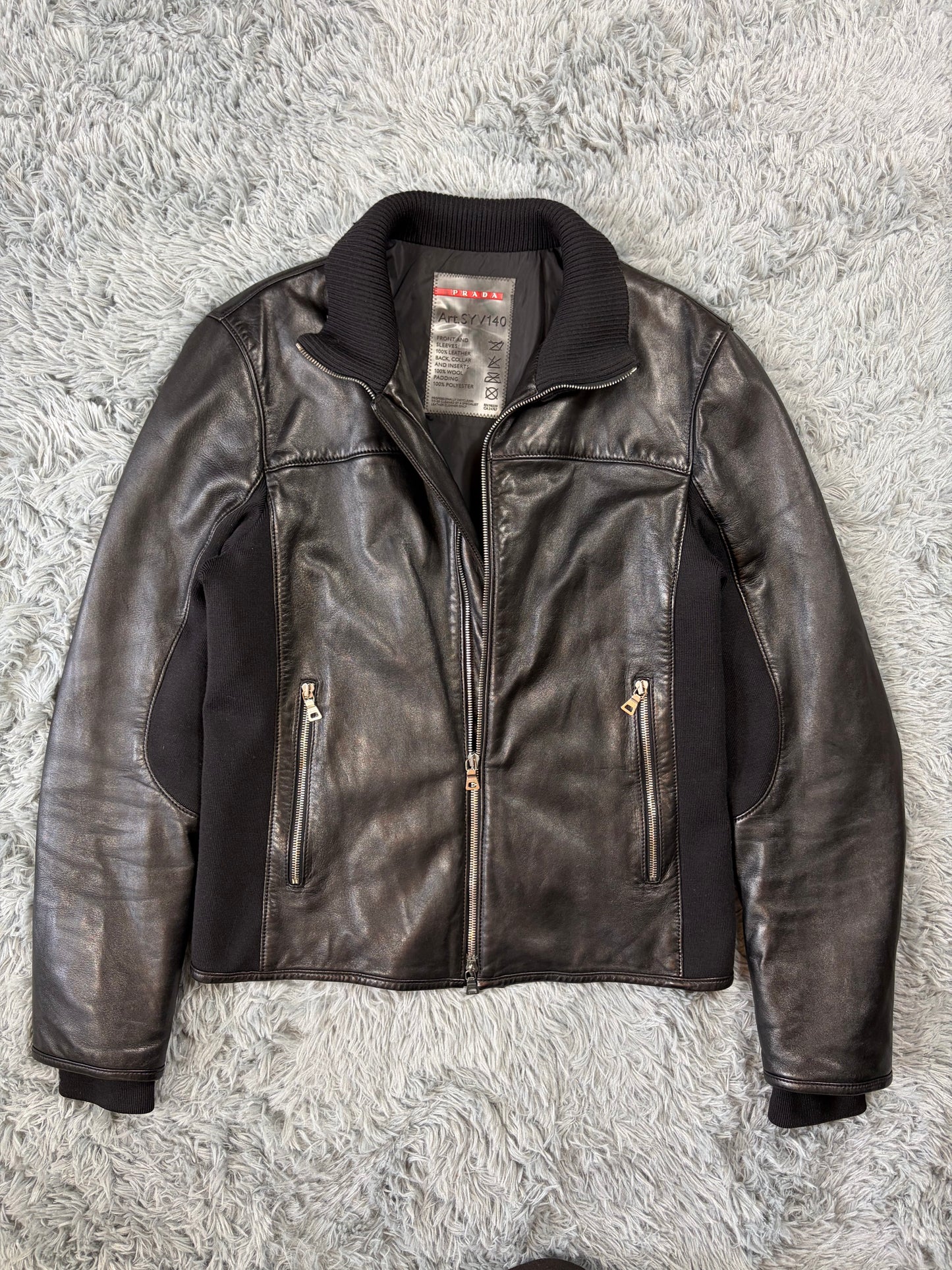 Prada Sport 00’s Leather & Wool Padded Hybrid Biker Jacket - IT50