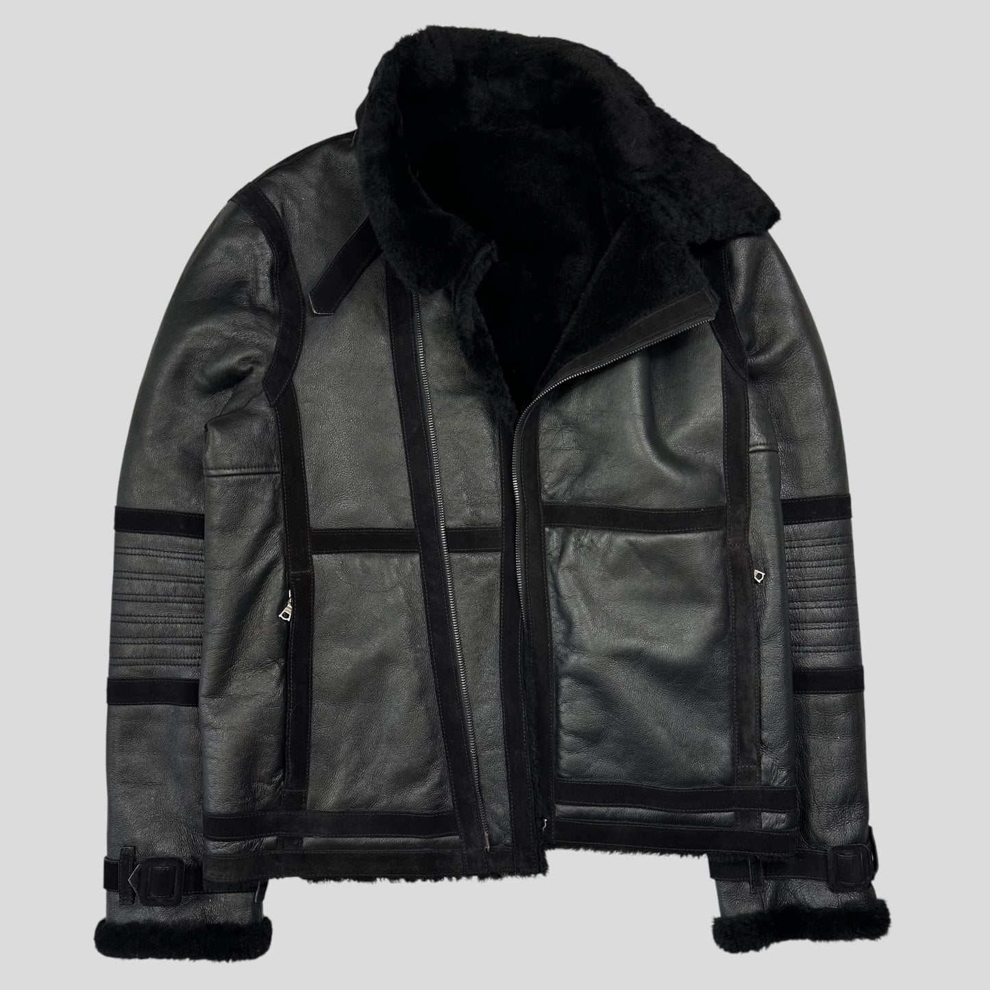 Neil Barrett Leather Lambskin Shearling Asymetrical Biker Jacket - S