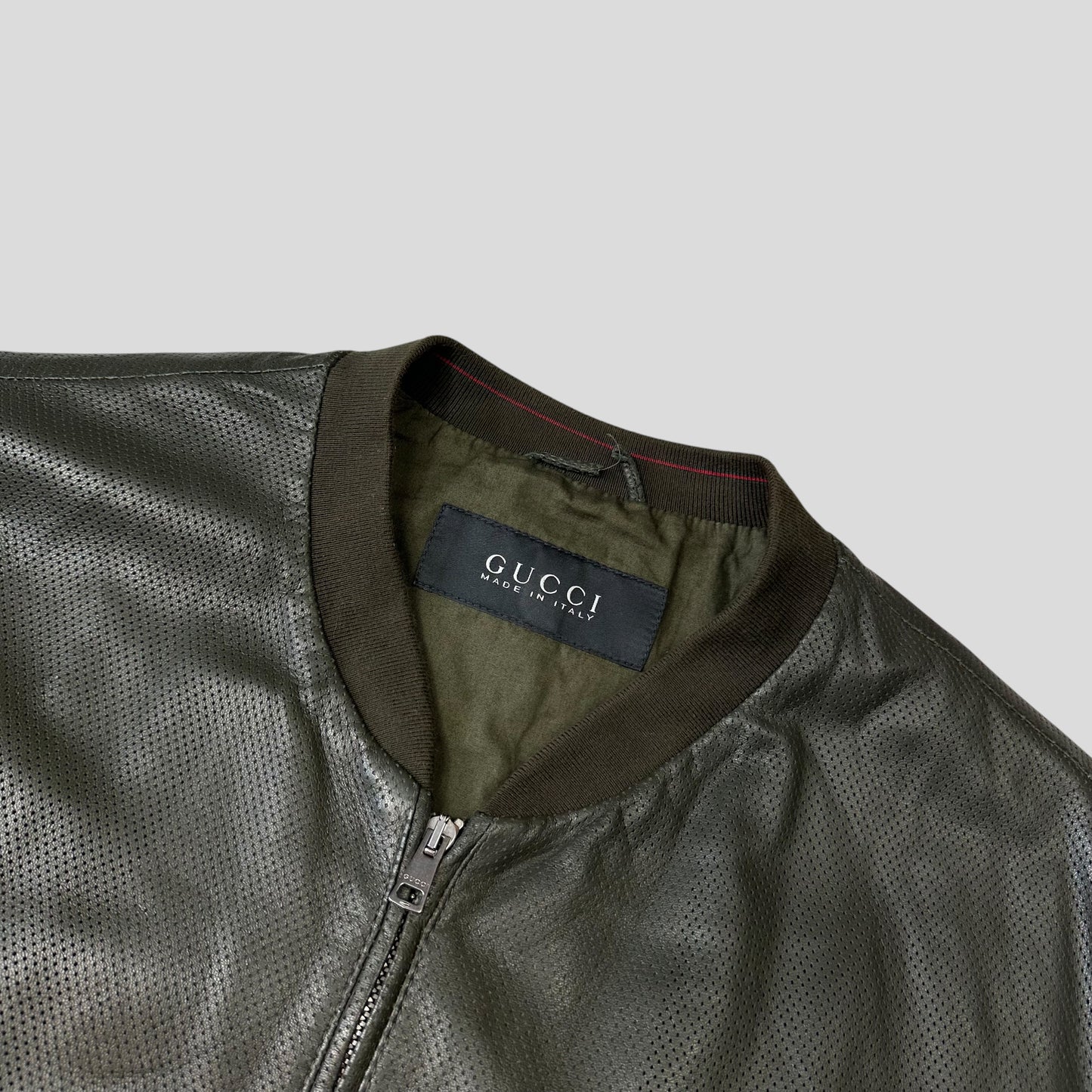 Gucci by Tom Ford 00’s Perforated Nappa Leather Green Bomber Jacket - IT52