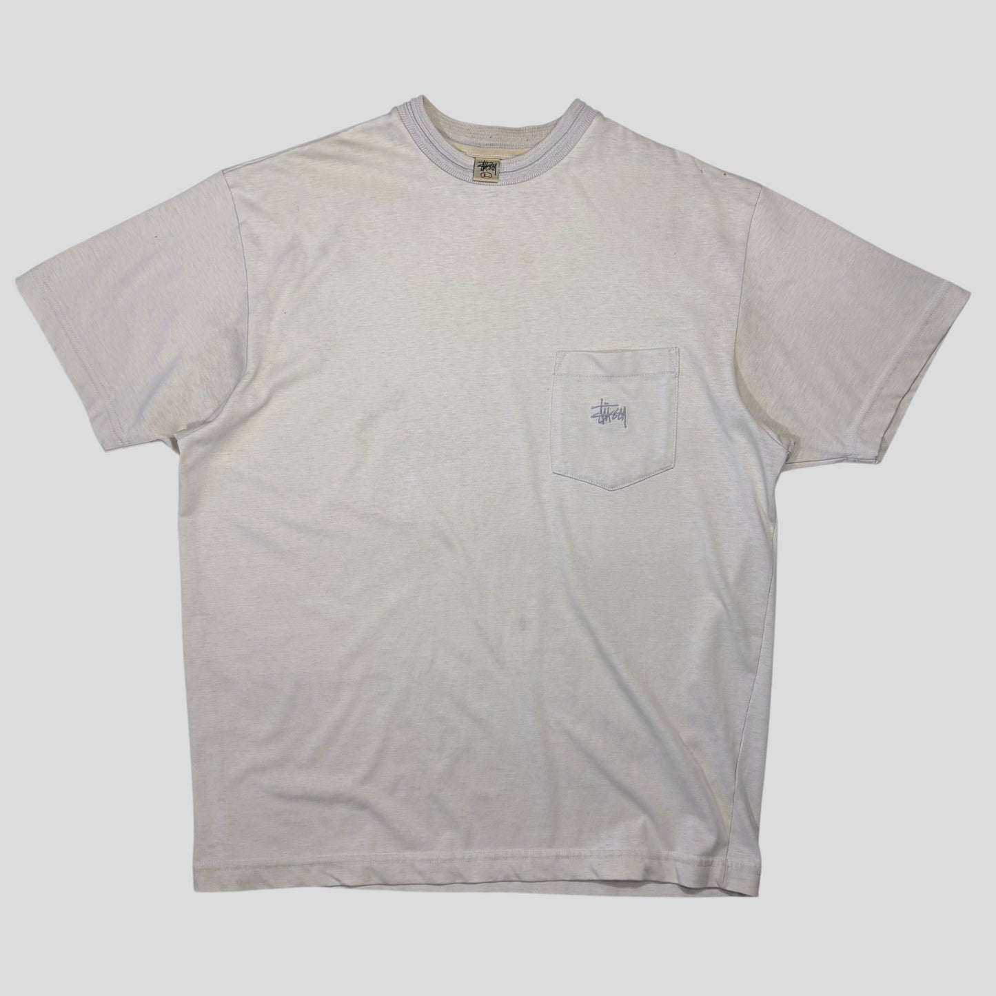Stussy 90’s Cream Heavy Tom Tom White Tag Pocket Logo T-shirt - L/XL