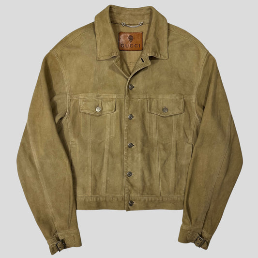 Gucci by Tom Ford 00’s Suede Leather Belted Boxy Trucker Jacket - IT52