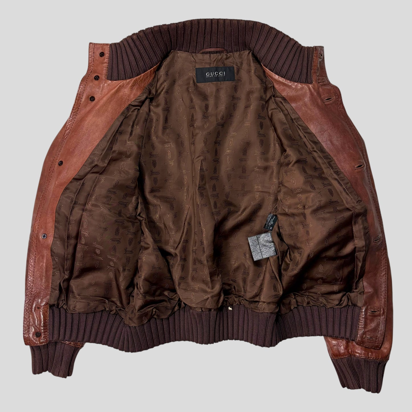 Gucci 2006 Madonna Cognac Leather Crest Button Bomber Jacket - L
