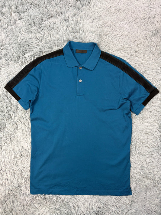 Prada 2020 Big Spellout Logo Teal Blue Taped Polo Shirt - M