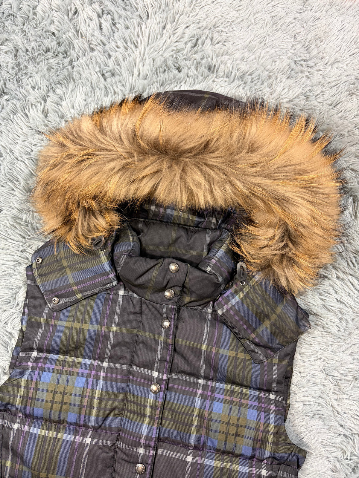 Prada Sport 2011 Shadow Plaid Raccoon Fur Nylon Puffer Gilet - M