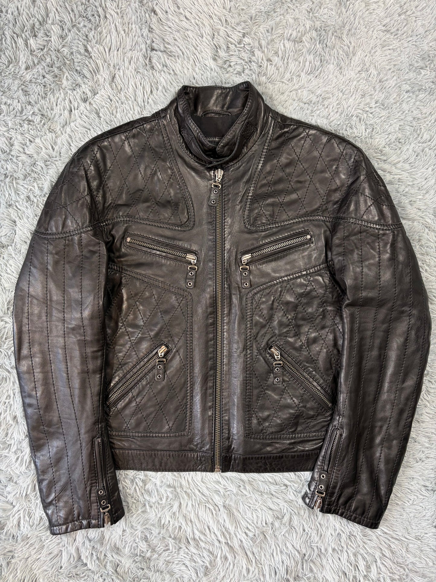 Just Cavalli SS08 Leather Quilted Multipocket Panelled Biker Jacket - L