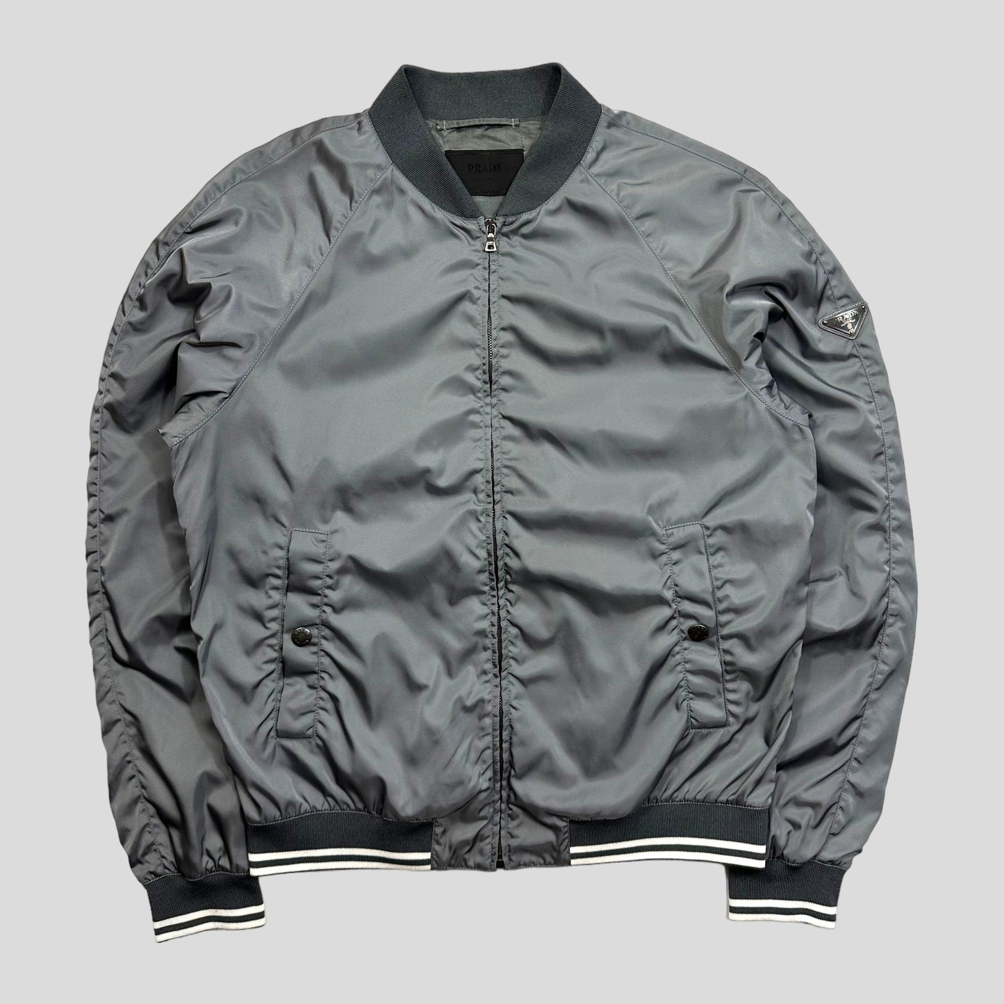 Prada Milano 2014 Metallic Grey Nylon Bomber Jacket - IT50