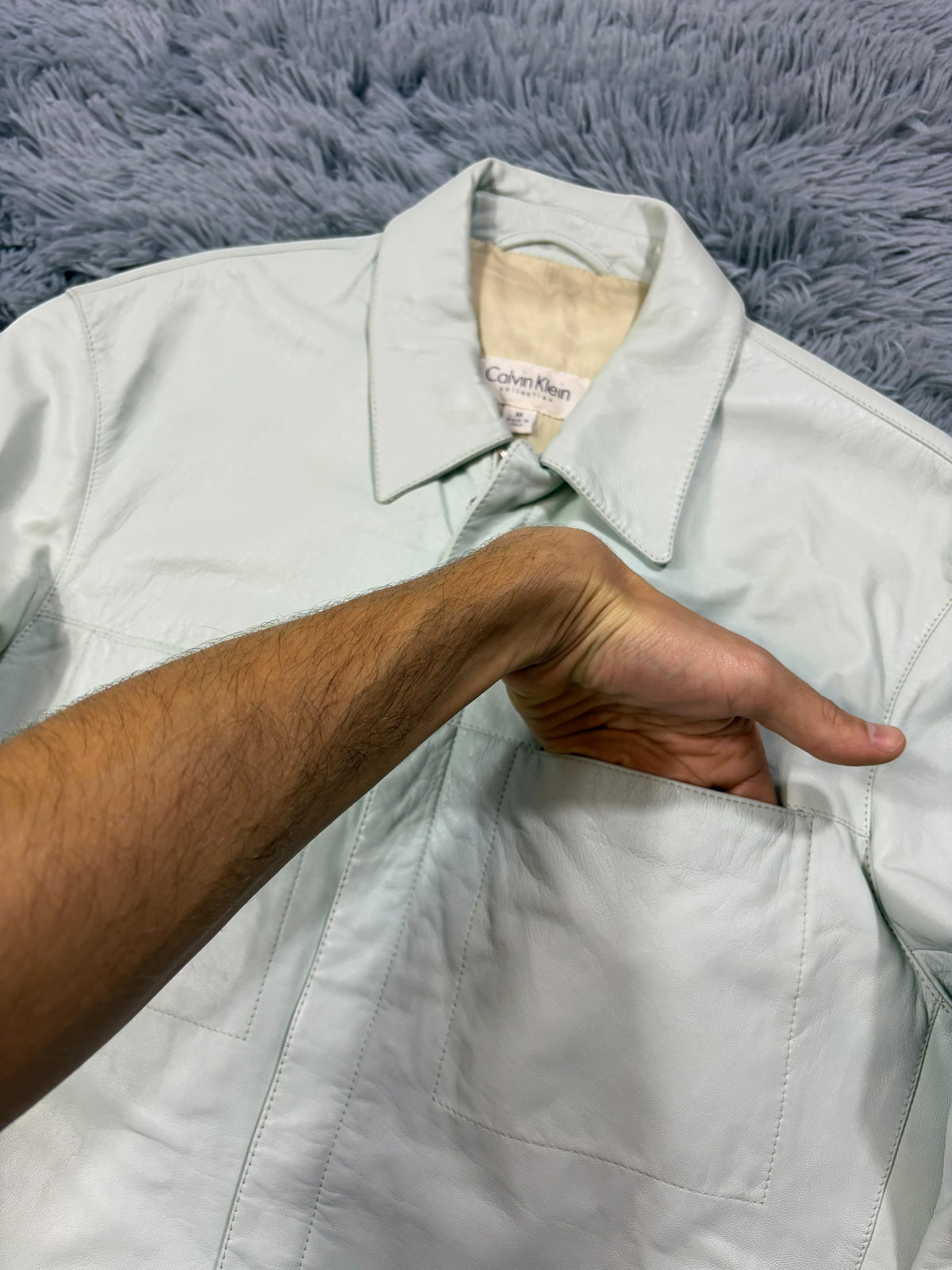 Calvin Klein Collection 00’s Mint Green Leather Fitted Trucker Jacket - M
