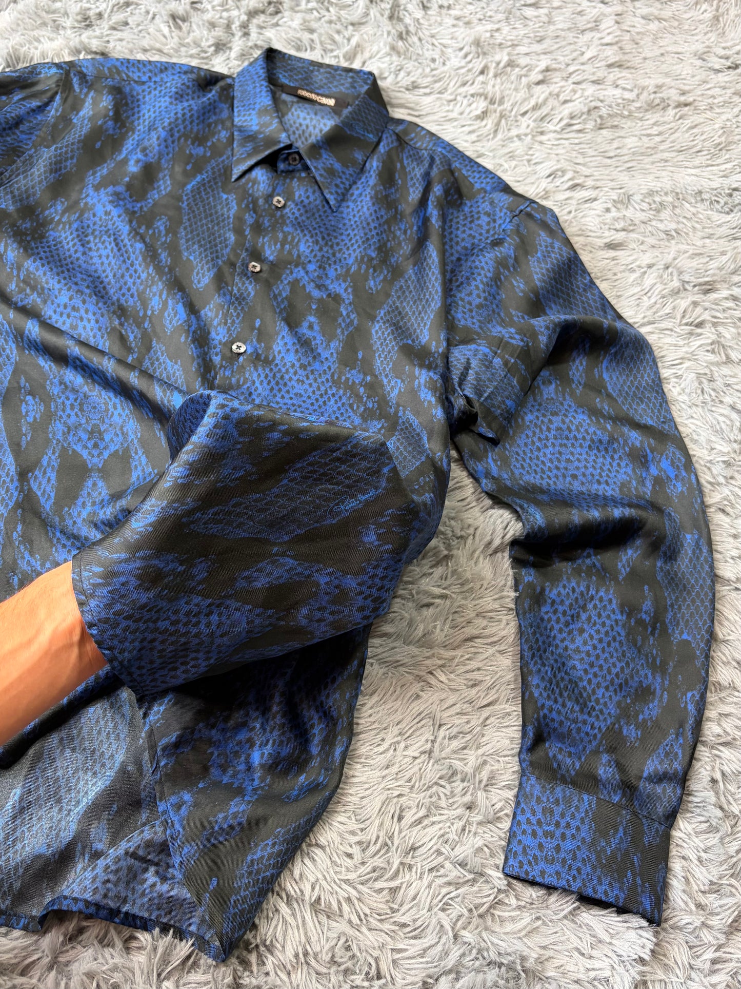 Roberto Cavalli 2023 Silk Python Print Blue Shirt - L