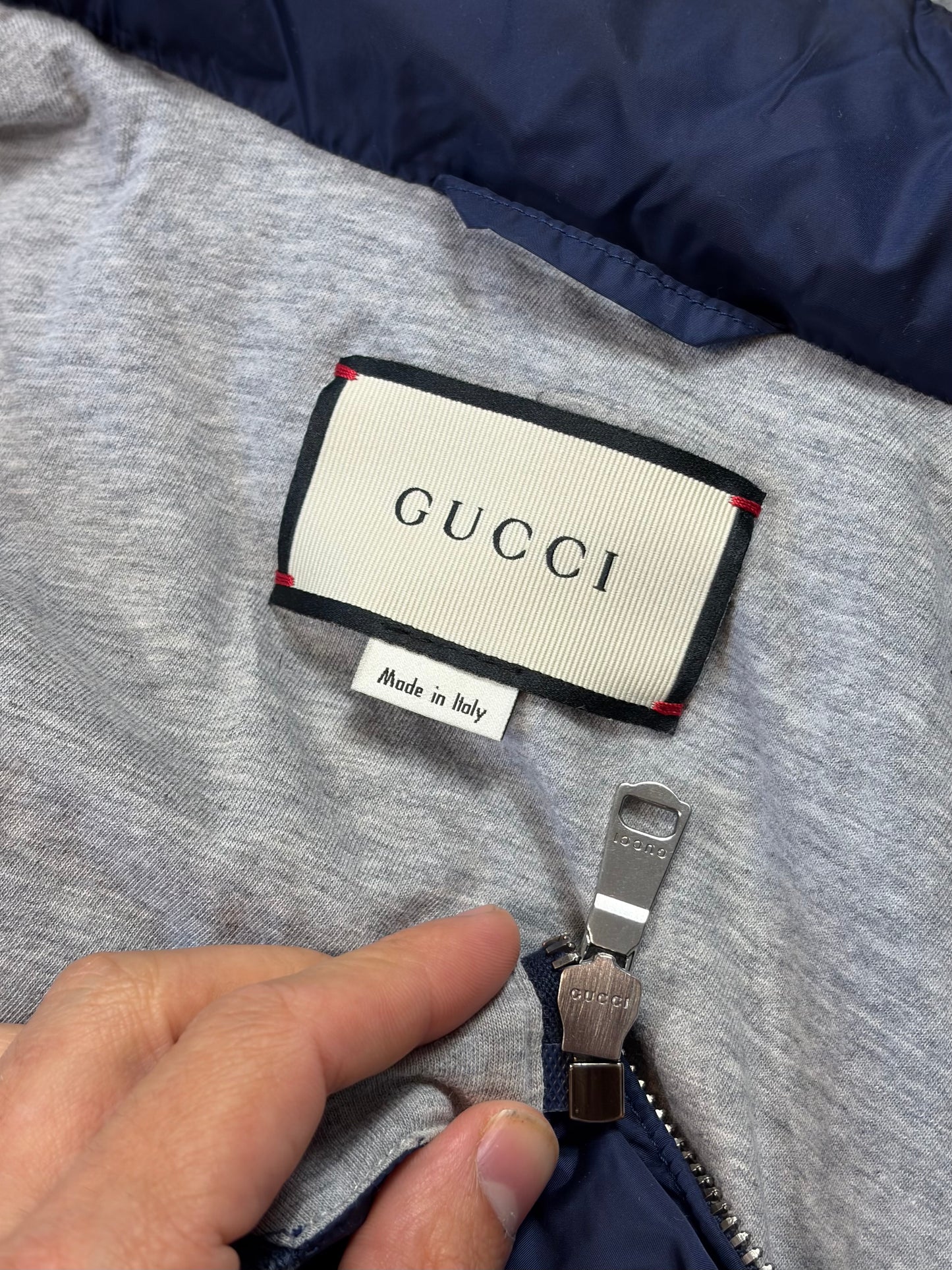 Gucci 2017 Metallic Blue Leather Crest Logo Nylon Jacket - M