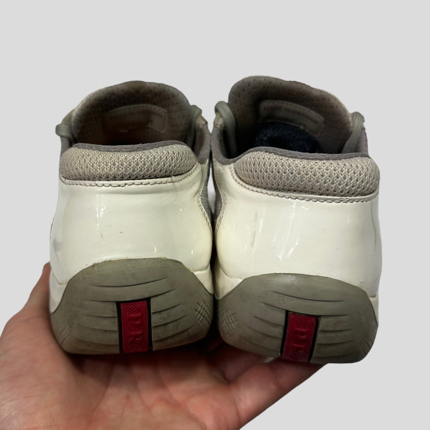 Prada Americas Cup Patent White & Grey Mesh Trainer - UK3.5