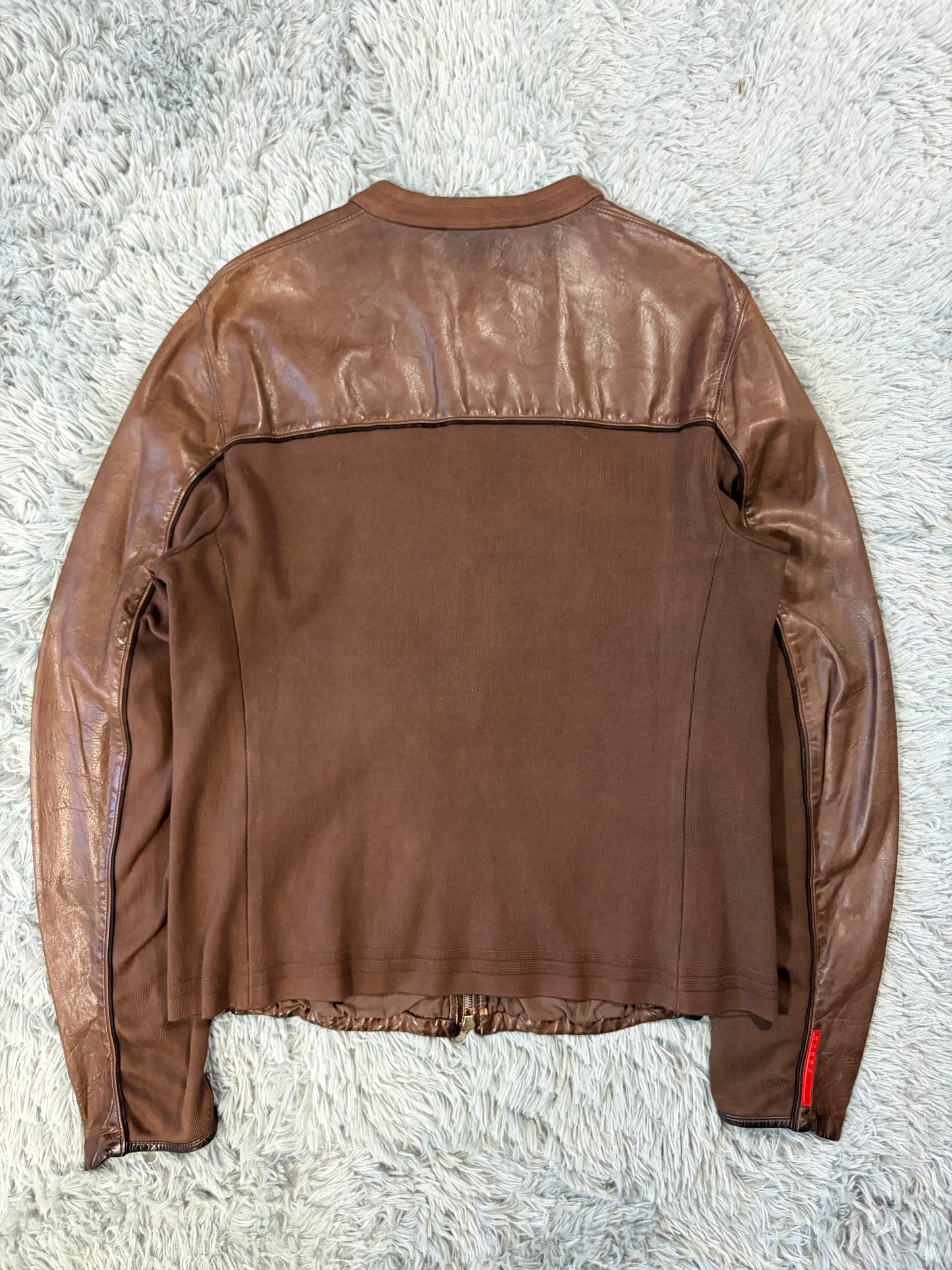 Prada Sport 2004 Brown Leather + Cotton Panelled Biker Jacket - L