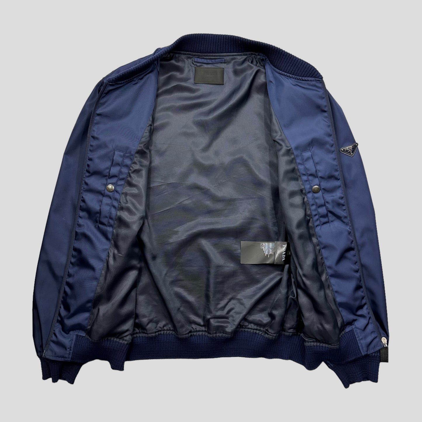 Prada Milano 2015 Metallic Blue Nylon Bomber Jacket - IT54