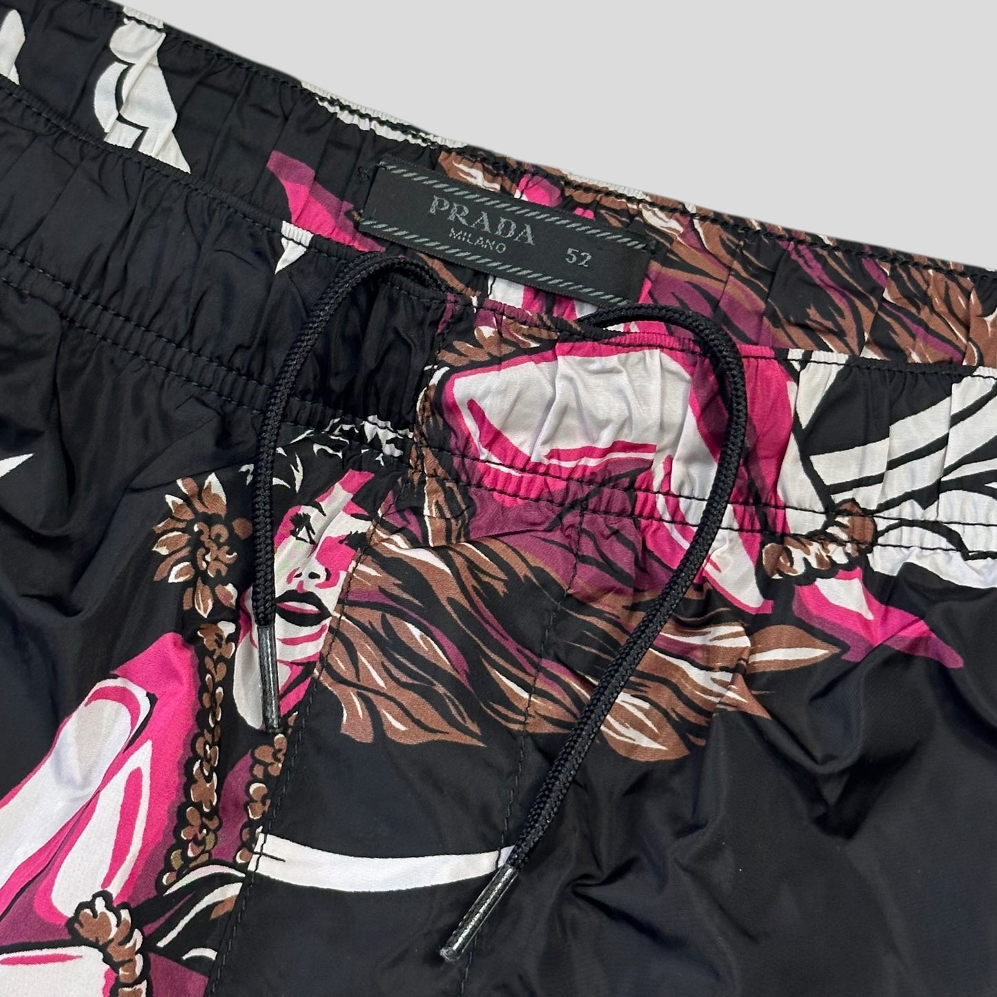 Prada Milano 2018 Hawaii Hula Girl Print Triangle Logo Board Shorts - IT52