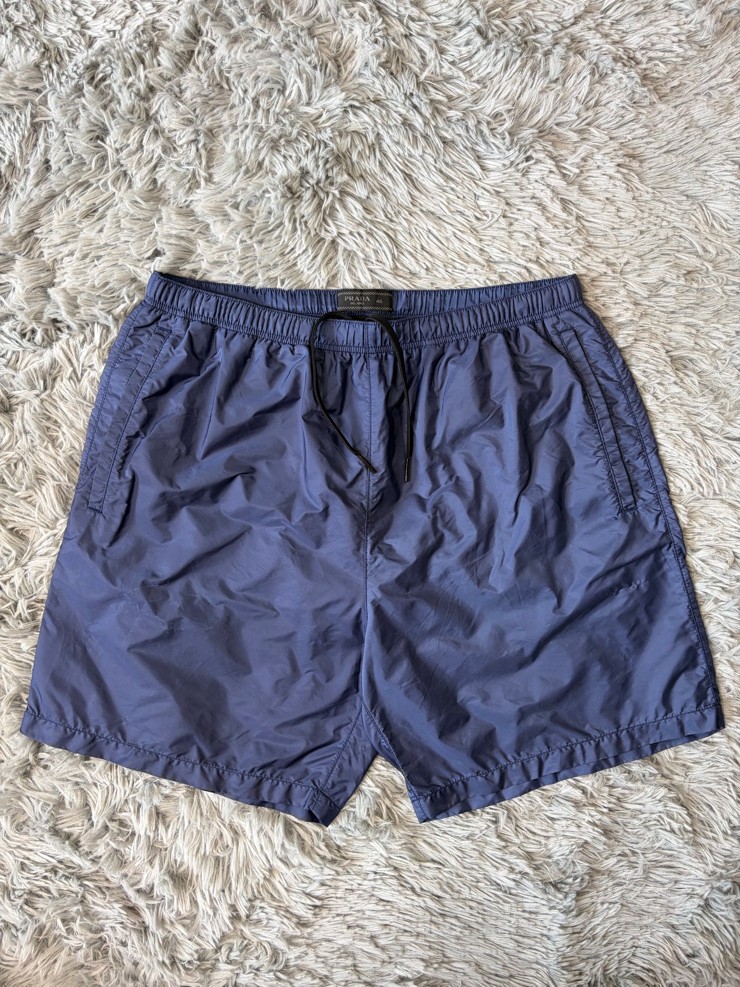 Prada Milano 2018 Triangle Double Logo Blue Nylon Shorts - IT46