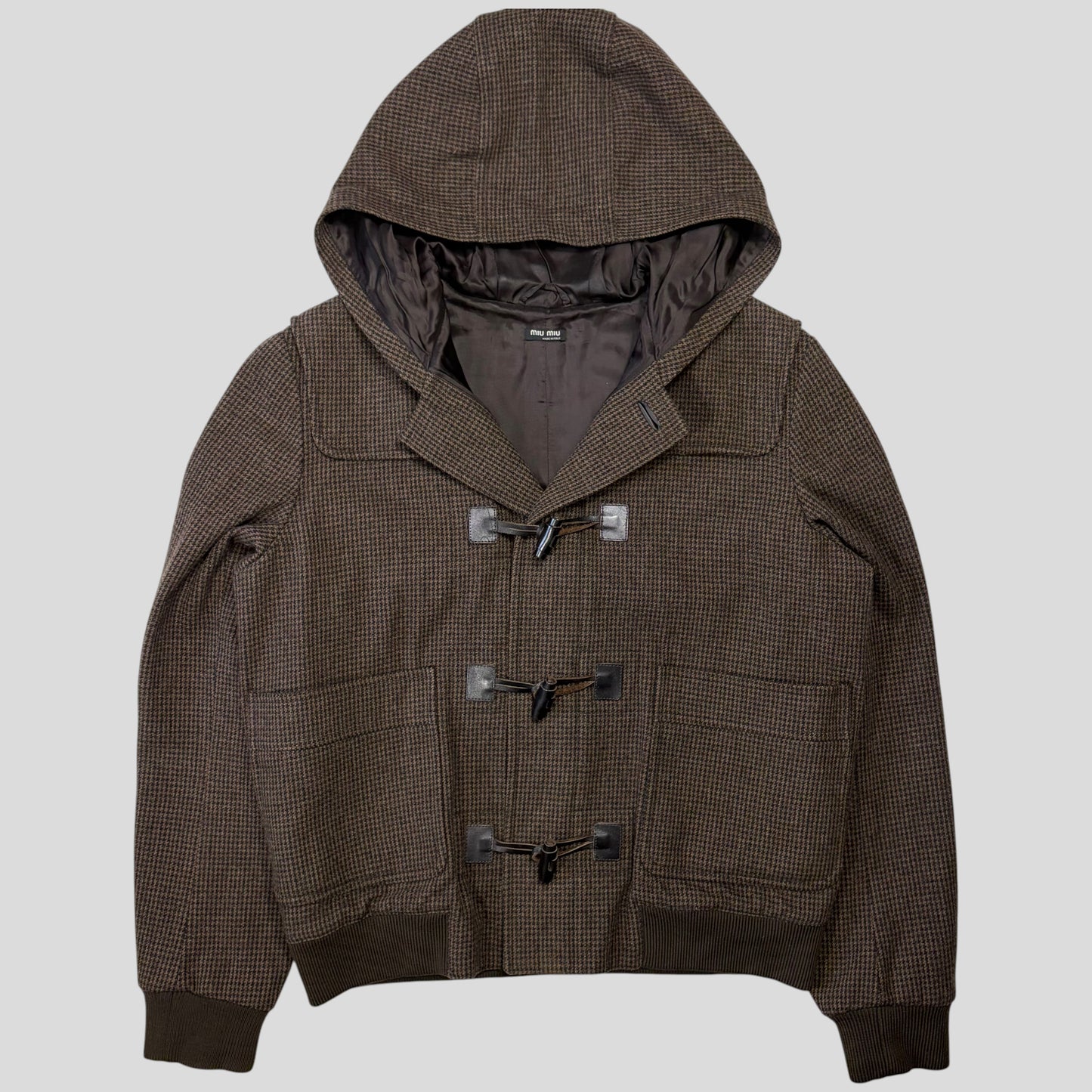Miu Miu 00’s Herringbone Wool Cropped Duffle Toggle Jacket - IT52