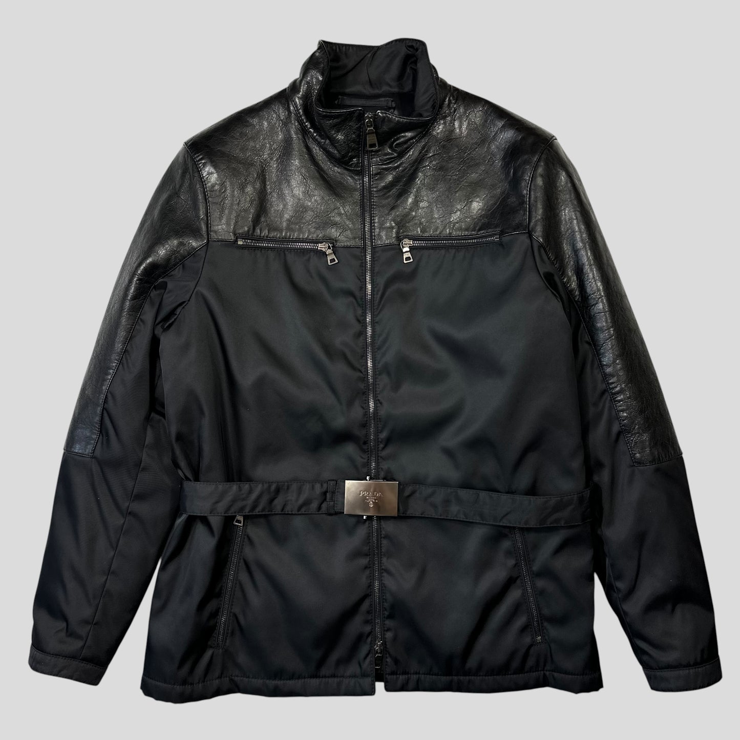 Prada Milano 2011 Gabardine Nylon Leather Jacket + Belt - M