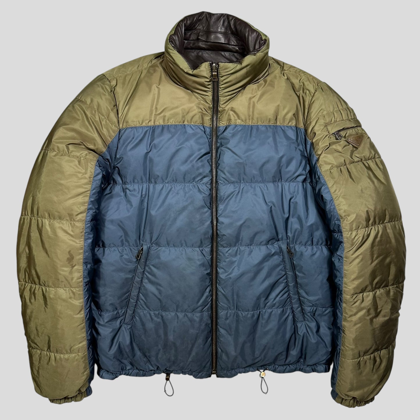 Prada Milano 2012 Leather Reversible Triangle Logo Nylon Puffer Jacket - L