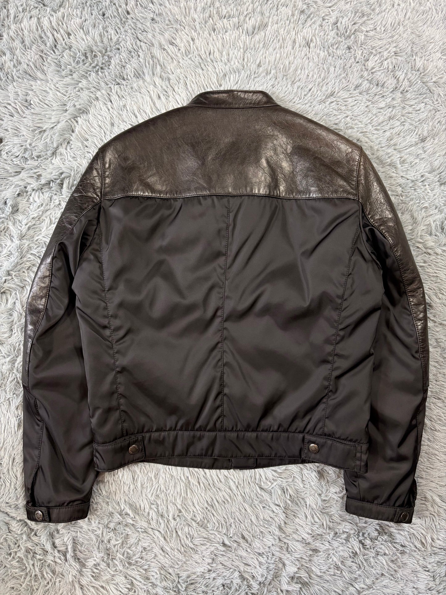Prada Milano 2011 Gabardine Nylon Leather Hybrid Biker Jacket - S/M