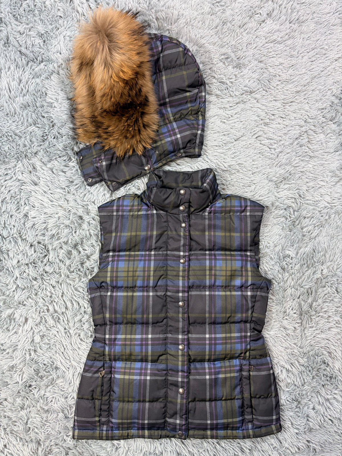 Prada Sport 2011 Shadow Plaid Raccoon Fur Nylon Puffer Gilet - M