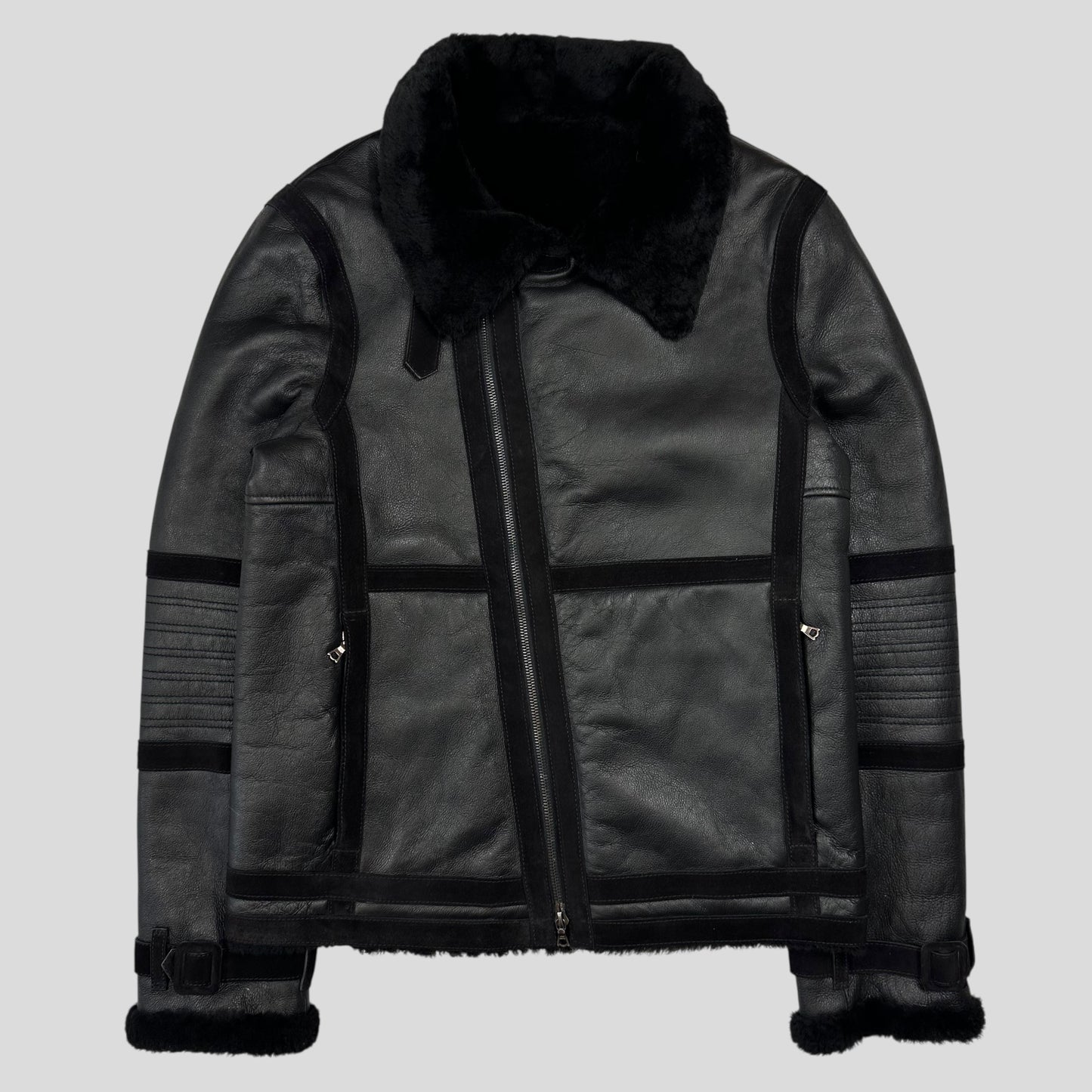 Neil Barrett Leather Lambskin Shearling Asymetrical Biker Jacket - S