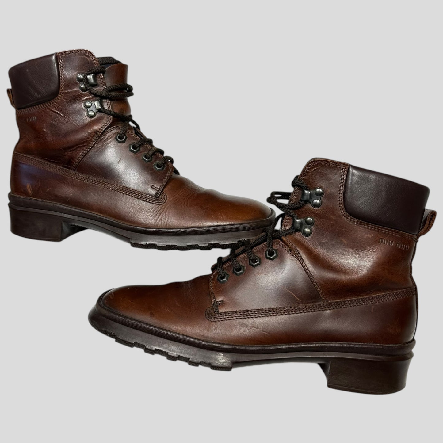 Miu Miu 00’s Padded Leather Embossed Logo Combat Boots - UK8