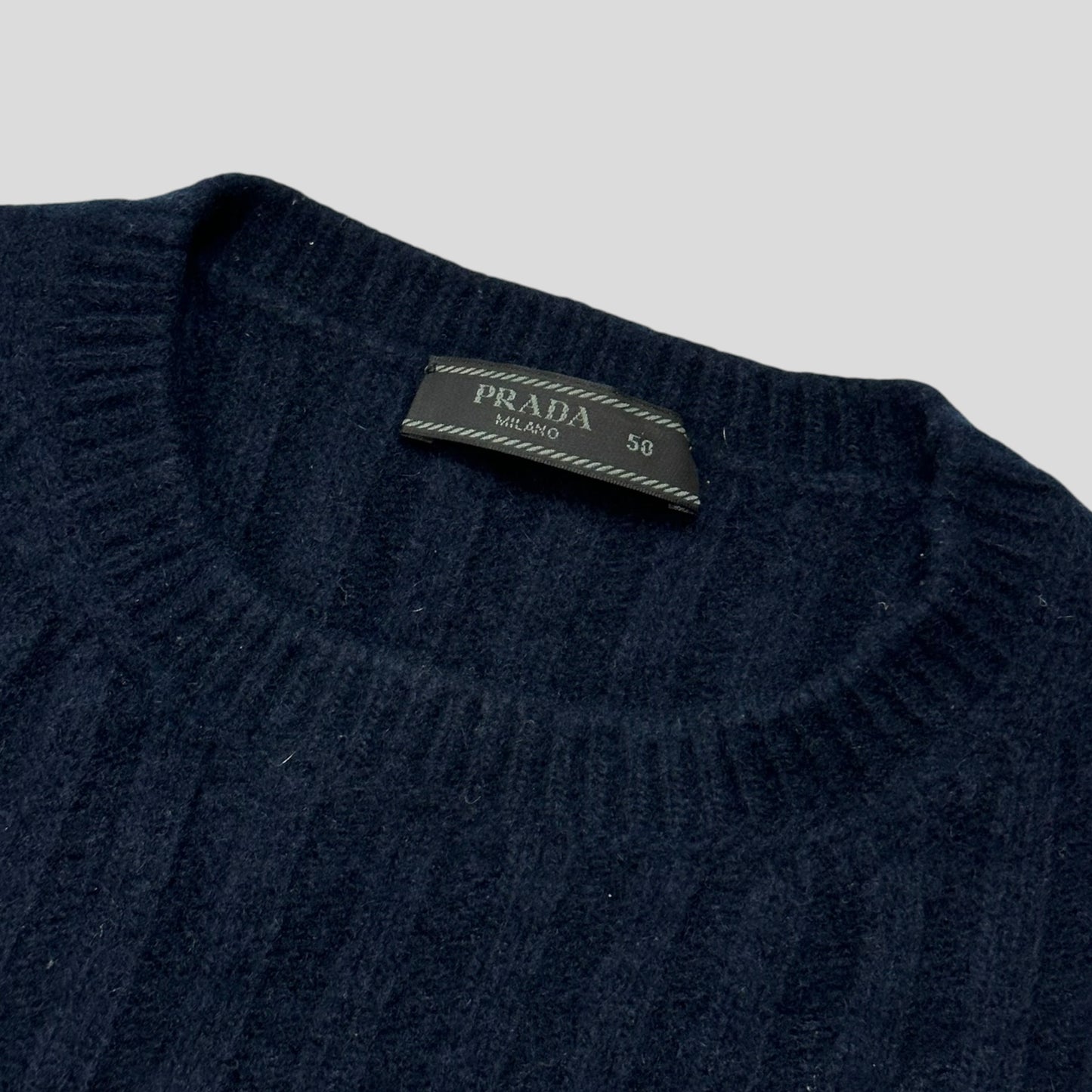 Prada Milano 00’s 3D Ribbed Navy Wool Knit Sweater - S