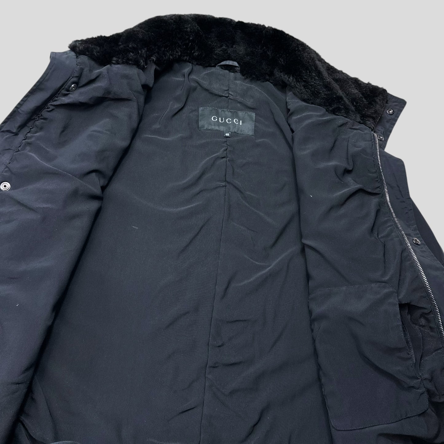 Gucci by Tom Ford 1999 Ballistic Nylon Taped Seam Shearling Collar Coat - L