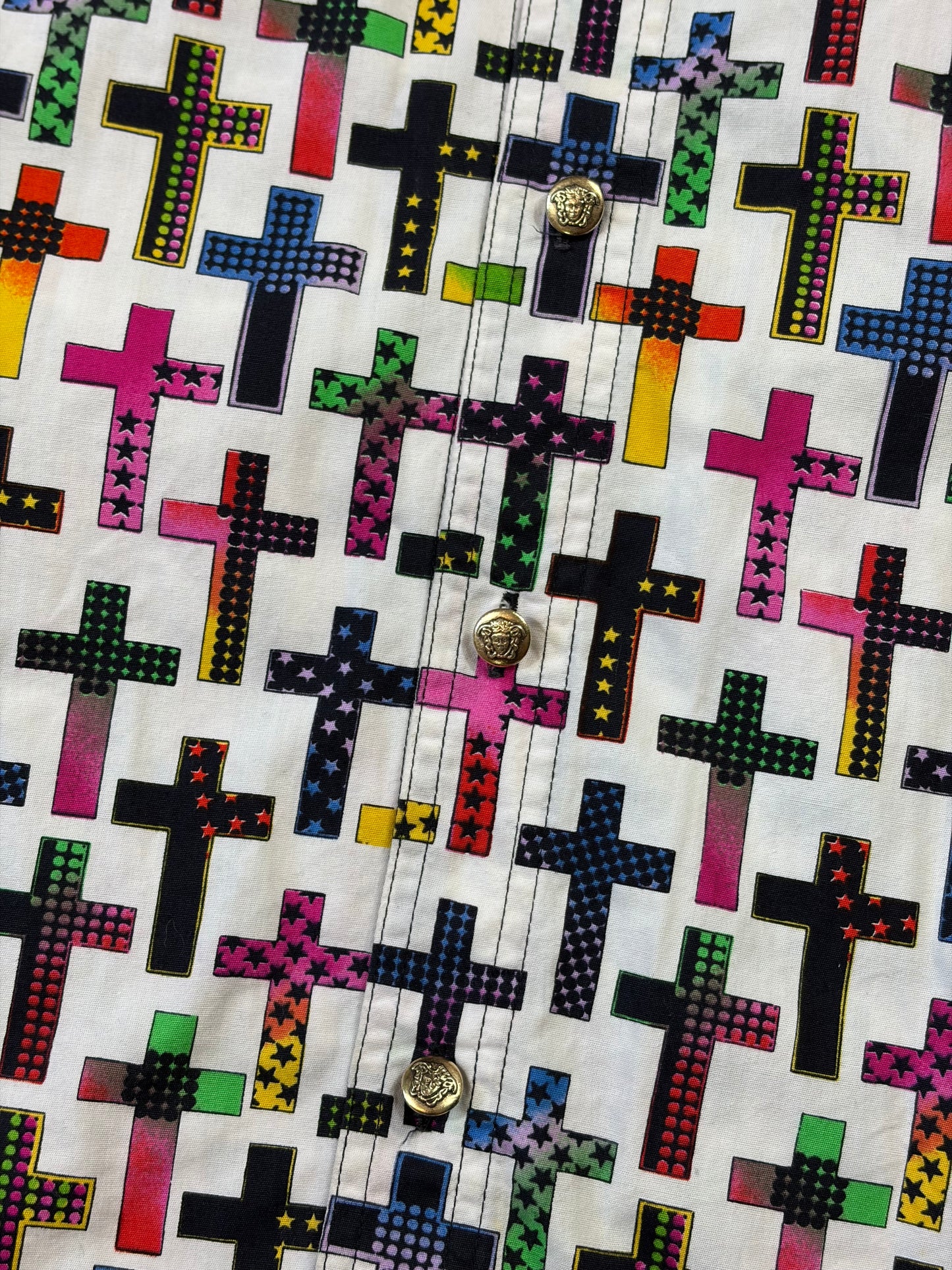 Versace VJC 90’s Rainbow Crosses Medusa Button Shirt - M (L/XL)